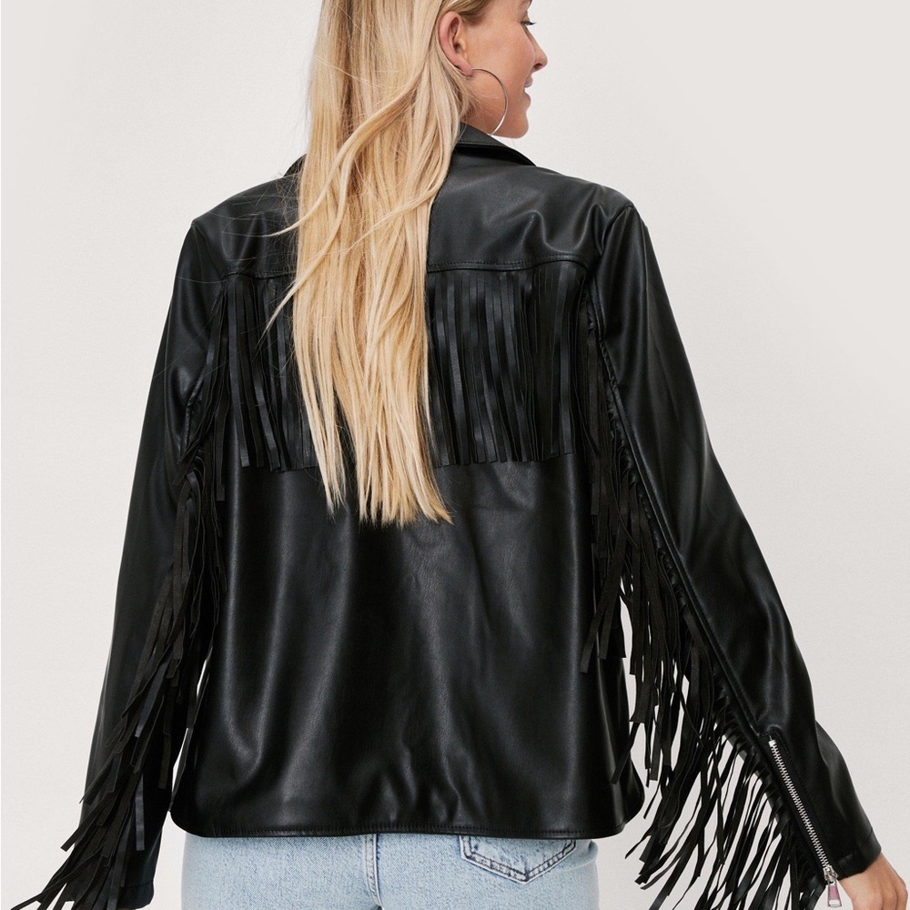 Black Faux Leather Fringe Detail Biker Jacket